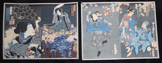 Japanese School, 2 pairs of woodblock prints, Samurai being carried across a river and Actors as Samurai on stage,